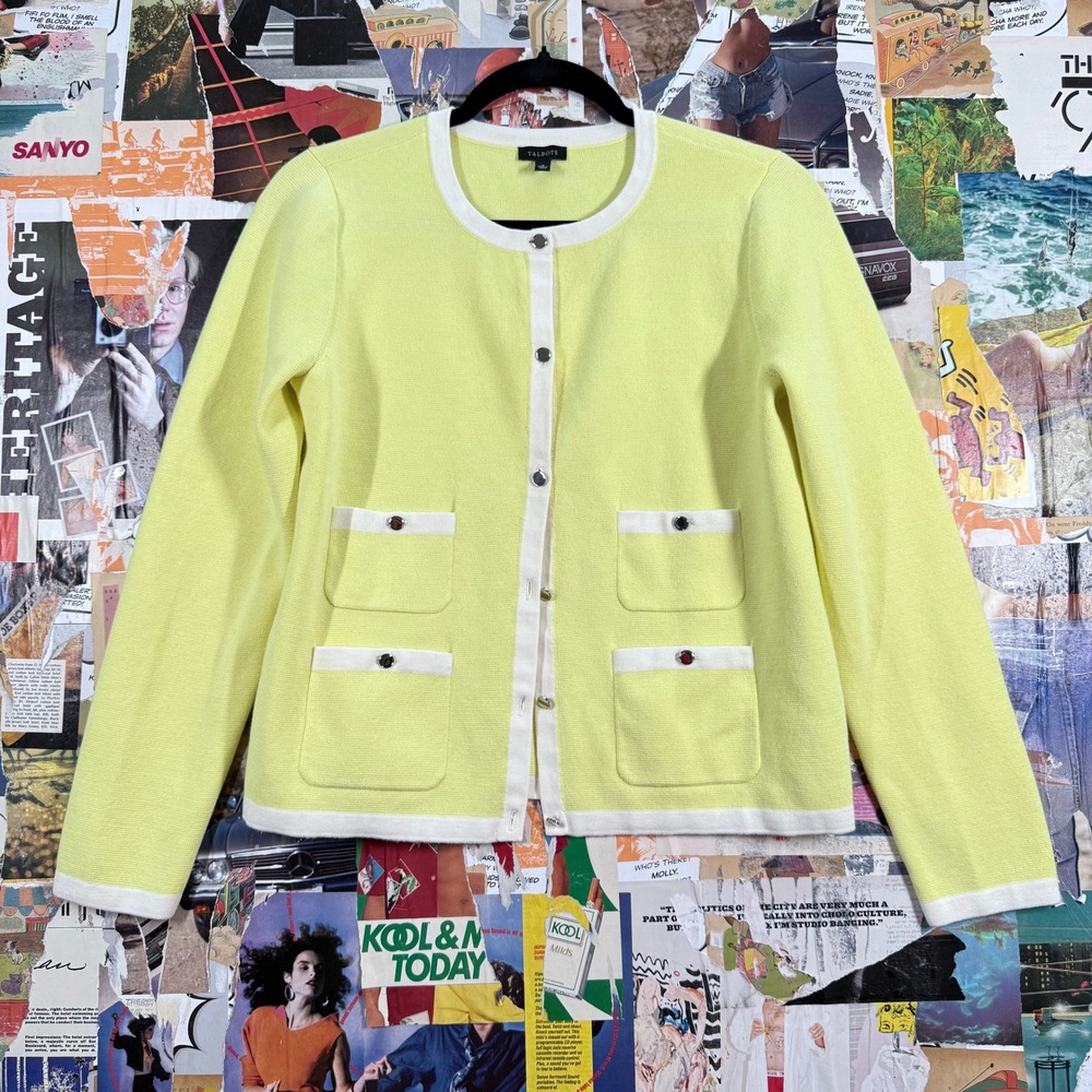 Talbots Womens Cardigan Sweater Size M Yellow White Pocket‎ Button Front